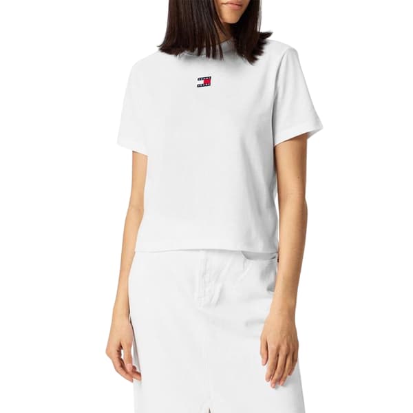 Tommy Jeans Dam Broderad Logotyp Bomull Croppad T-shirt White 20 UK
