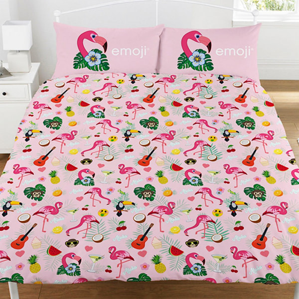 Emoji Officiell Flamingo Vändbar Påslakan och Örngott Set Dubbel Rosa/Vit Pink/White Double
