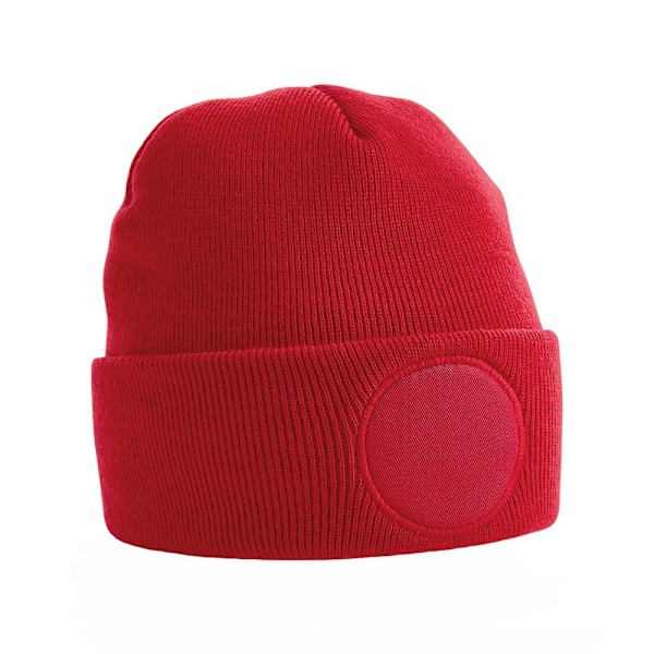 Beechfield Unisex Rund Stickad Mössa med Patch och Vikbar Kant, One Size, Klassisk Classic Red One Size