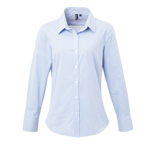 Premier Dam/Kvinnors Microcheck Långärmad Skjorta 3XL Ljus Blå/Vit Light Blue/White 3XL