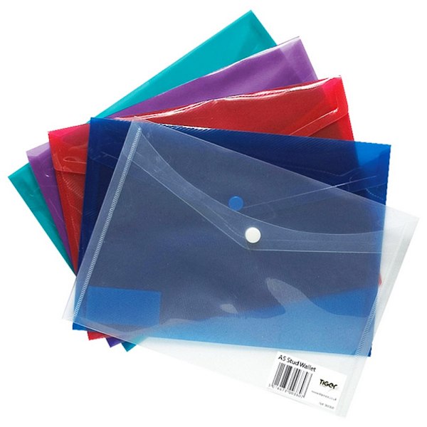 Tiger Stationery Plastfickfickor/Mappar med Knappar (5-pack) DL (1 Assorted DL (11 x 22cm)