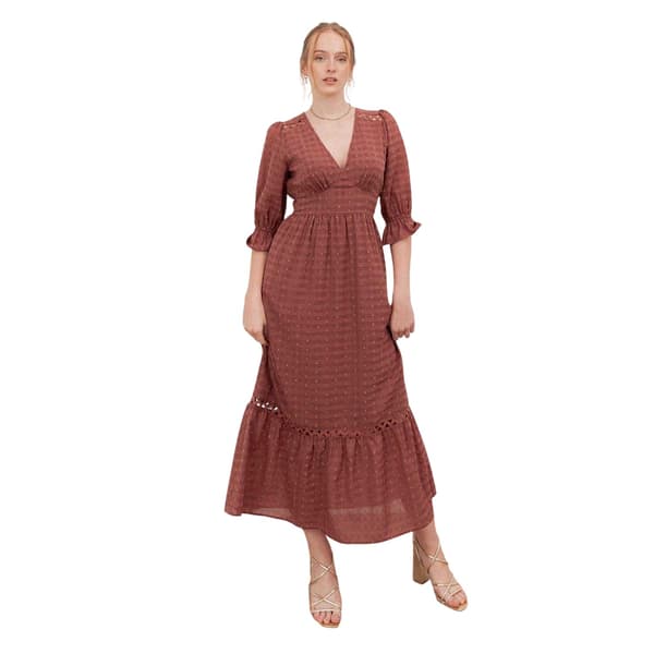 Lovedrobe Dam/Dam Gingham V-ringad 3/4-ärm Midi Klänning 12 Terracotta 12 UK
