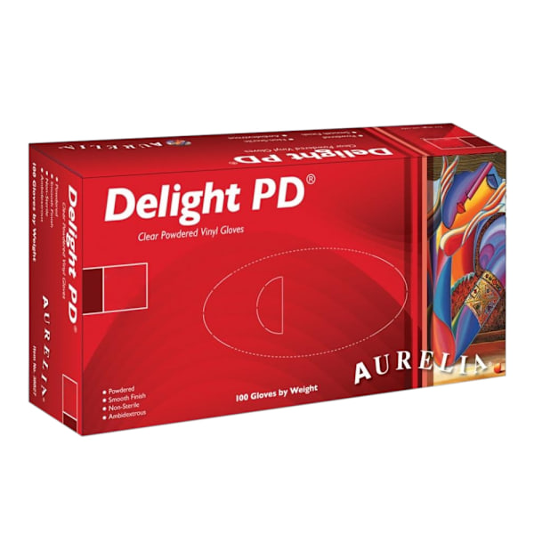 Aurelia Delight PD Clear Powdered Vinyl Handskar (Förpackning om 100) L Clear L