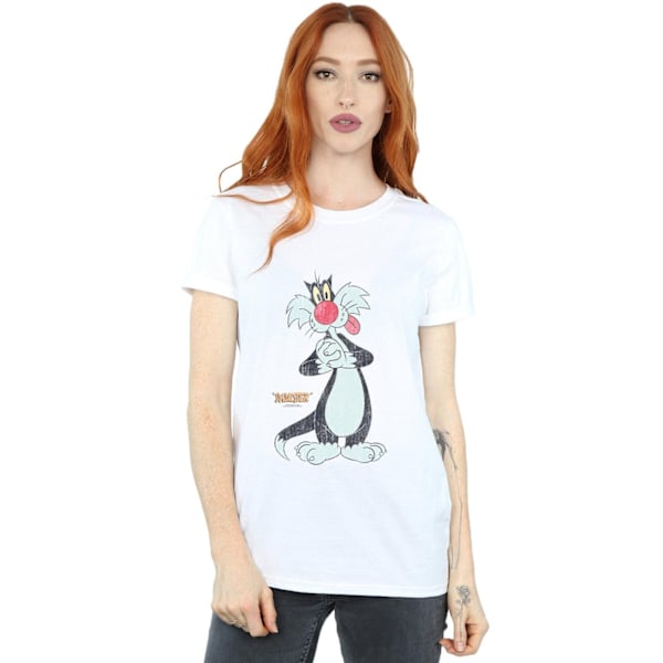 Looney Tunes Dam/Damer Sylvester Distressed Bomull Boyfrien White S