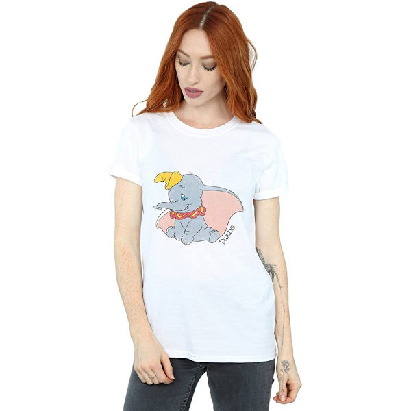 Dumbo Dam T-shirt för kvinnor/damer i klassisk bomull, pojkvänmodell, M, vit White M