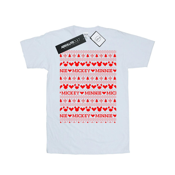 Disney Dam/Damer Mickey Och Minnie Jul Fair Isle Bomull Boyfriend T-Shirt M Vit White M