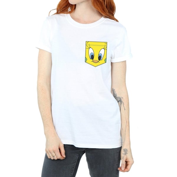 Looney Tunes Dam/Damer Tweety Pie Face Faux Pocket Bomull Boyfriend T-Shirt L Vit White L