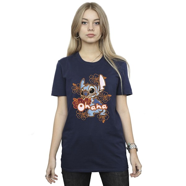 Disney Dam/Kvinna Lilo & Stitch Ohana Orange Hibiscus Bomulls-T-shirt Navy Blue L