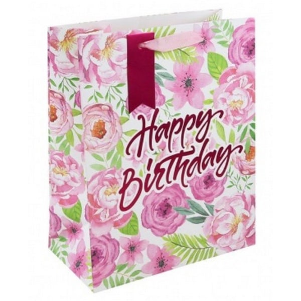 Eurowrap Blommig Grattis på födelsedagen presentpåse (pack med 6) L Vit/Pin White/Pink/Green L