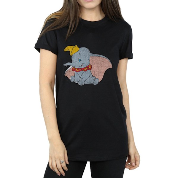 Dumbo Dam T-shirt för kvinnor/damer i klassisk bomull, pojkvänmodell, storlek L, svart Black L