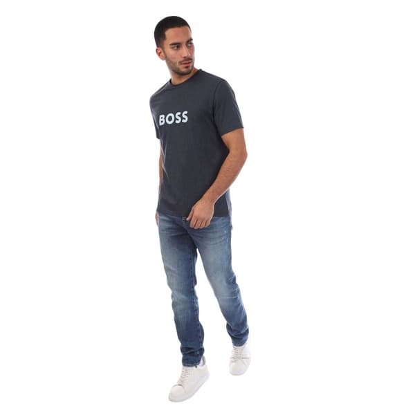 Boss Herr Logotryckt Bomulls T-shirt Normal Passform L Marinblå Navy L