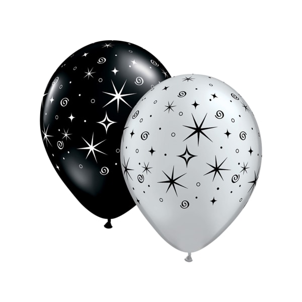 Qualatex Sparkles & Swirls Latex runda ballonger (paket med 50) På Black/Silver One Size
