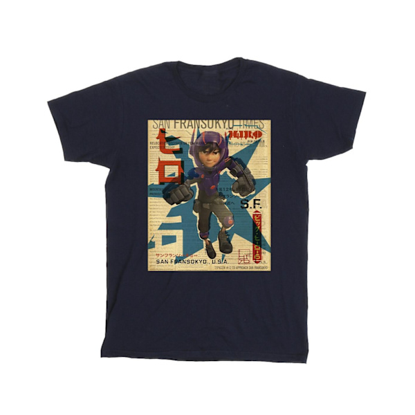 Disney Girls Big Hero 6 Baymax Hiro Newspaper Bomull T-shirt 7- Navy Blue 7-8 Years
