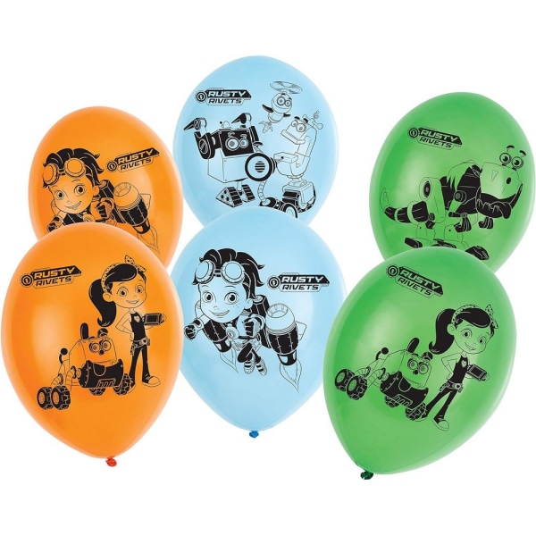Rostiga nitar Latexkaraktärsballonger (paket med 6) One Size Ora Orange/Sky Blue/Green One Size