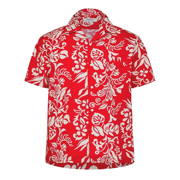 Replay Herr Hawaiian Kortärmad Skjorta M Rött Tryck Red Print M