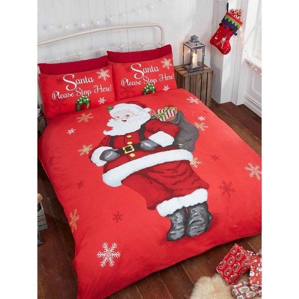 Bedding & Beyond Santa Stop Here Jul Örngott Set Dubbel Röd/Vit Red/White Double