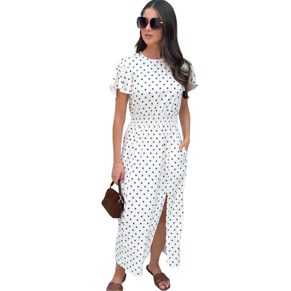 AX Paris Dam/Dam Prickig Polyester Midi Klänning med Shirred Midja Cream 8 UK