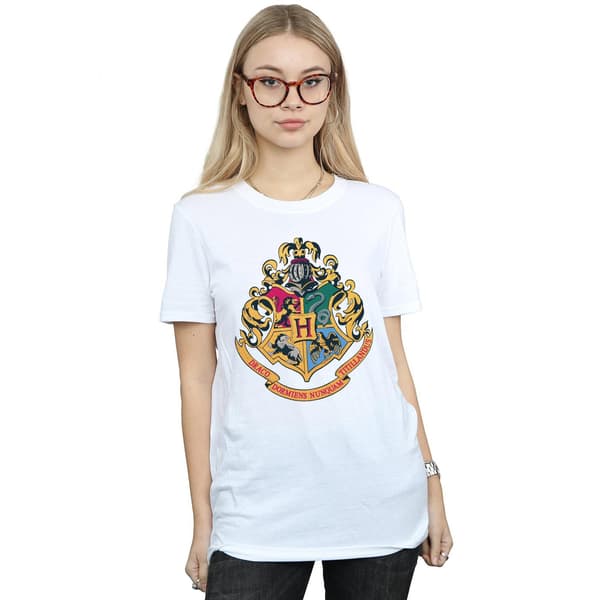 Harry Potter Dam/Dam Hogwarts Crest Guldbläck Bomull Boyfr White XL