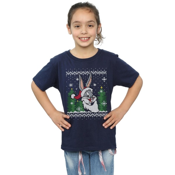 Looney Tunes Girls Bugs Bunny Christmas Fair Isle Cotton T-Shir Navy Blue 9-11 Years