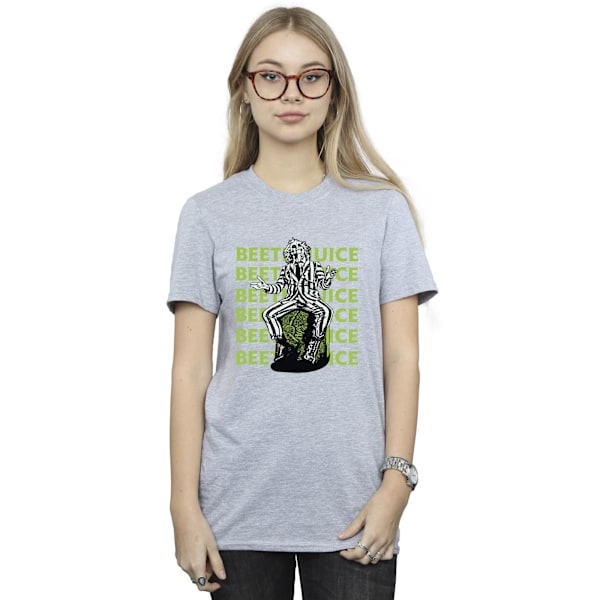 Beetlejuice Dam T-shirt med Upprepande Logotyp i Boyfriend-Stil Sports Grey S