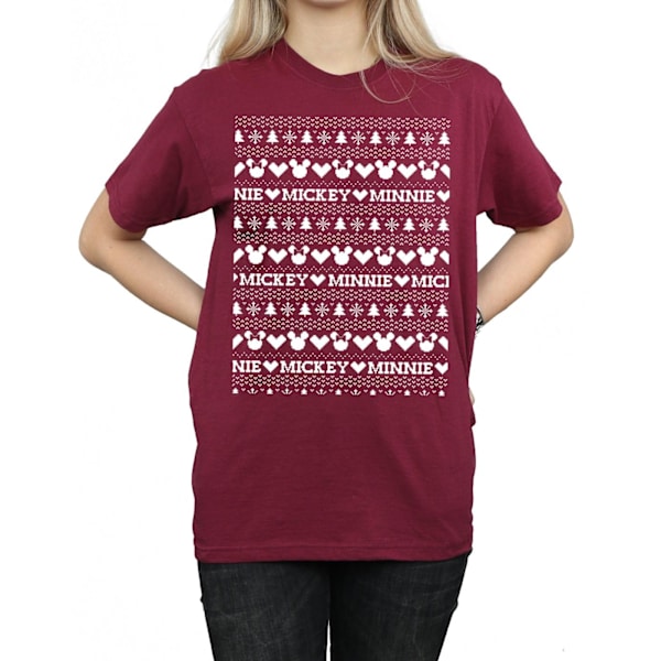 Disney Dam/Damer Mickey Och Minnie Jul Fair Isle Bomull Boyfriend T-Shirt XL Bourgogne Burgundy XL