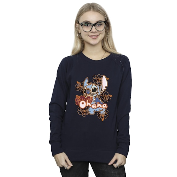 Disney Dam/Kvinnor Lilo Och Stitch Ohana Orange Hibiscus Tröja Navy Blue S