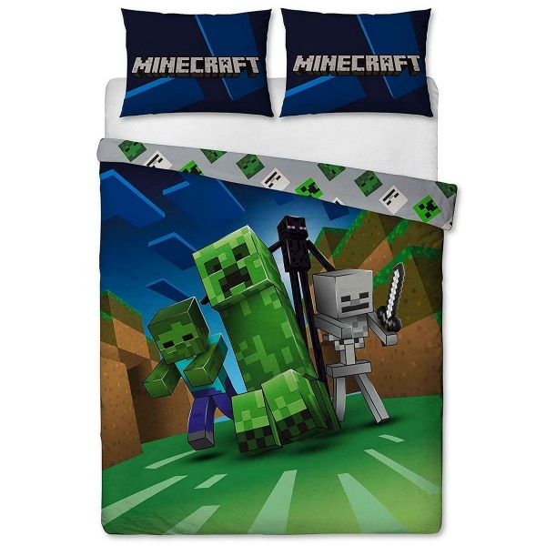 Minecraft Creeper Påslakanset Dubbel Grön/Blå/Grå Green/Blue/Grey Double