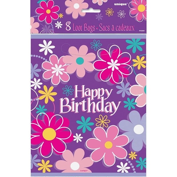 Unika festliga blommiga grattis på födelsedagen-festpåsar (8-pack) 23 cm Purple/Pink 23cm x 18cm
