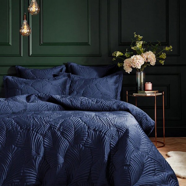 Paoletti Palmeria Velvet Quilted Duvet Cover Set Dubbel Marinblå Navy Double