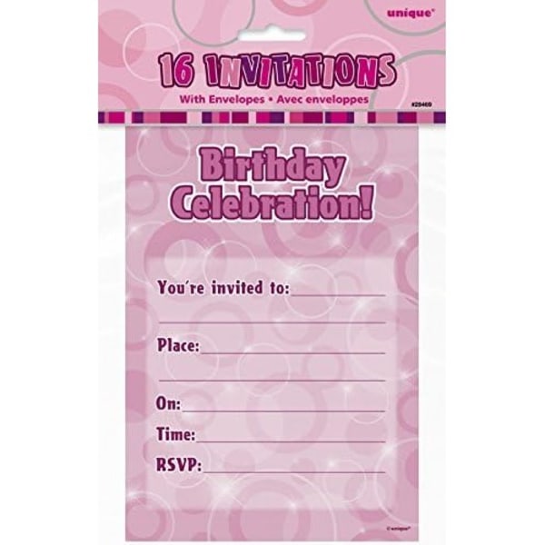Unika Party Glitz Födelsedagsinbjudningar (Paket med 8) En Storlek Rosa Pink One Size