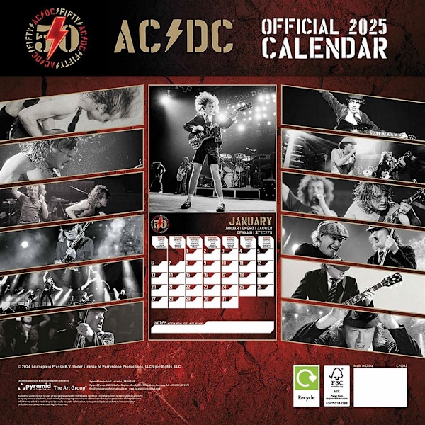 AC/DC 2025 Fyrkantig Väggkalender One Size Röd/Svart/Guld Red/Black/Gold One Size