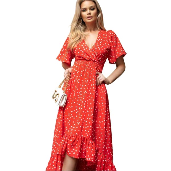 AX Paris Dam/Dam Prickig Hög Låg Fåll Fest Midi Klänning Red 8 UK