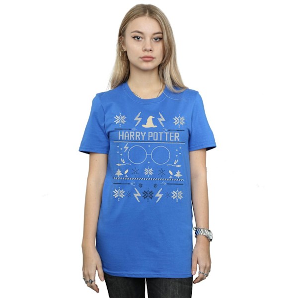 Harry Potter Dam/Damjul Julmönster Bomull Pojkvän T-shirt Royal Blue XXL