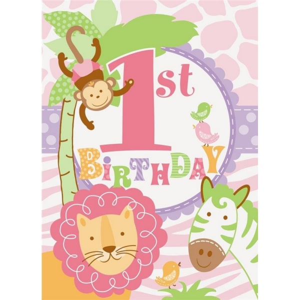 Unika festsafari 1:a födelsedagsinbjudningar (paket med 8) 14 cm x Pastel/Pink 14cm x 10cm