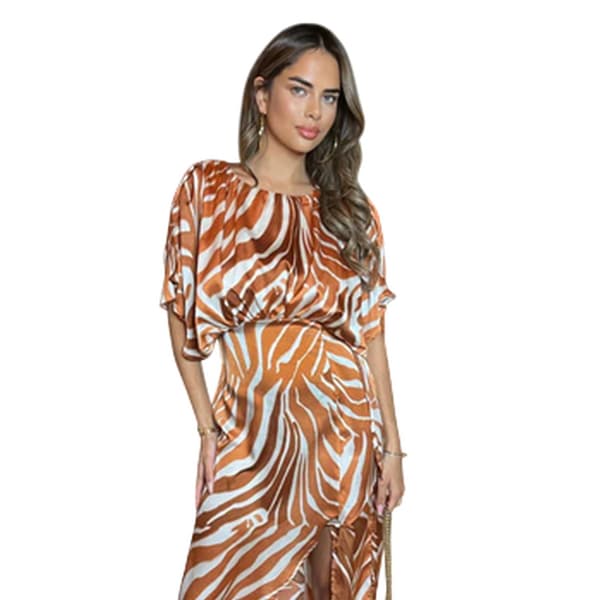 AX Paris Dam/Dam Zebra Print Polyester Batwing Sleeve Mid Rust 10 UK