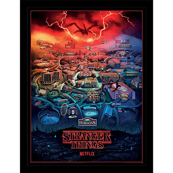 Stranger Things 4 Hawkins Town Inramad Poster 40cm x 30cm Flerfärgad Multicoloured 40cm x 30cm