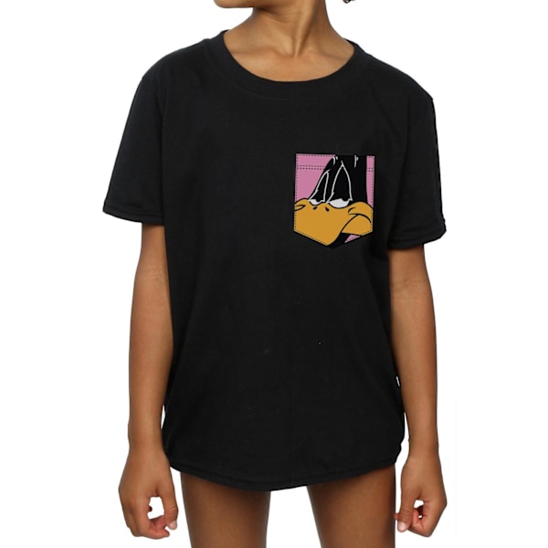 Looney Tunes Girls Daffy Duck Face Faux Pocket Bomull T-Shirt 9 Black 9-11 Years