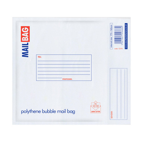 County Stationery Polythene Bubble Envelope Mail Bags (Förpackning med White Small