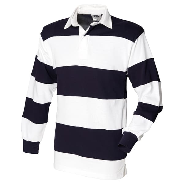 Front Row Herr Rugby-poloskjorta med ränder, sydd, S, Duck Egg/Navy Duck Egg/Navy S