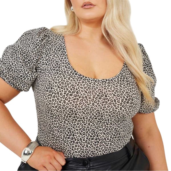Brave Soul Dam Leopardmönstrad Plus Puffärm Bodysuit Black/White 20 UK