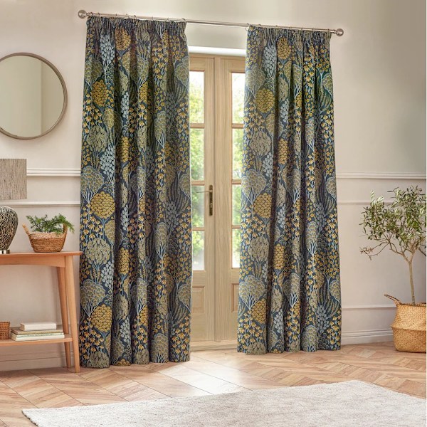 Wylder Ophelia Jacquard Blommiga Blyertsveckade Gardiner 168cm x 13 Blue/Saffron 168cm x 137cm