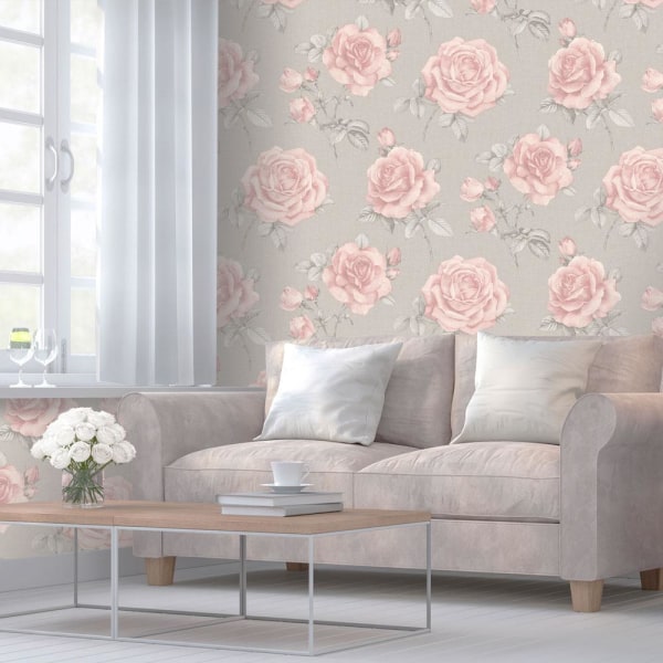Belgravia Rosa Floral Textured Wallpaper 10m x 53cm Grå/Rosa Grey/Pink 10m x 53cm