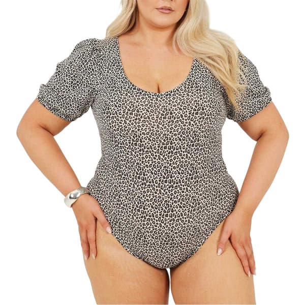 Brave Soul Dam Leopardmönstrad Plus Puffärm Bodysuit Black/White 20 UK