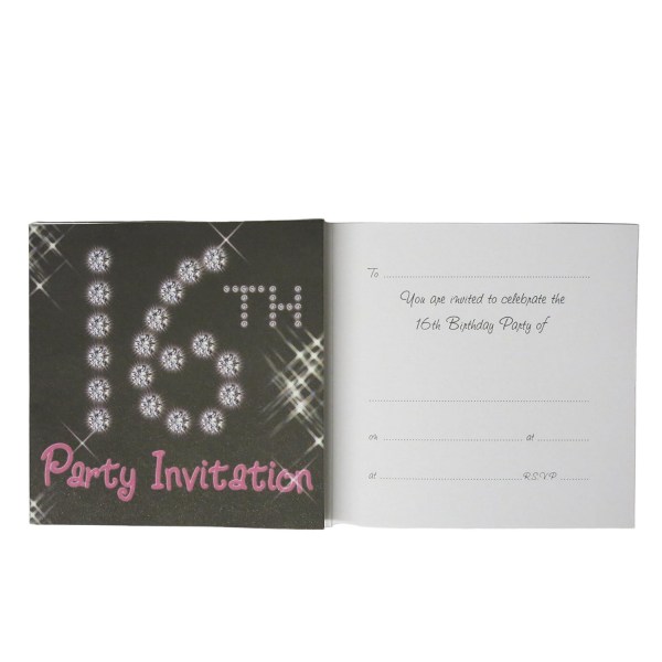 Sparkle 16th Birthday Invitations (pack om 6) One Size Black/Wh Black/White/Pink One Size