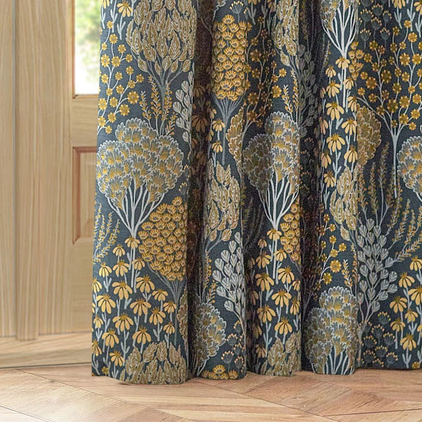 Wylder Ophelia Jacquard Blommiga Blyertsveckade Gardiner 168cm x 13 Blue/Saffron 168cm x 137cm