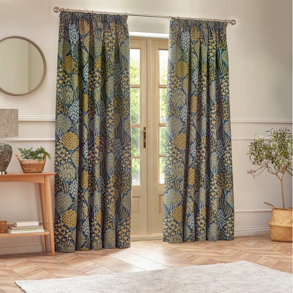 Wylder Ophelia Jacquard Blommiga Blyertsveckade Gardiner 117cm x 137cm Blue/Saffron 117cm x 137cm