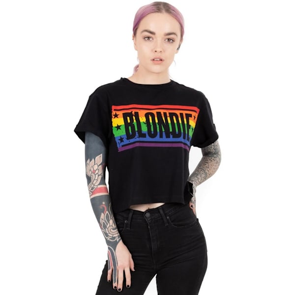 Blondie Dam/Kvinnor Regnbåge Crop T-Shirt S Svart/Blå/Orange Black/Blue/Orange S