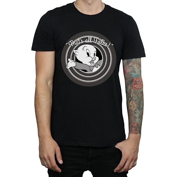 Looney Tunes Herr T-shirt i bomull med tryck av Porky Pig, storlek L, svart Black L