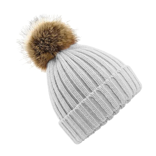 Beechfield Unisex Fur Pop Pom Chunky Beanie One Size Light Grey Light Grey One Size