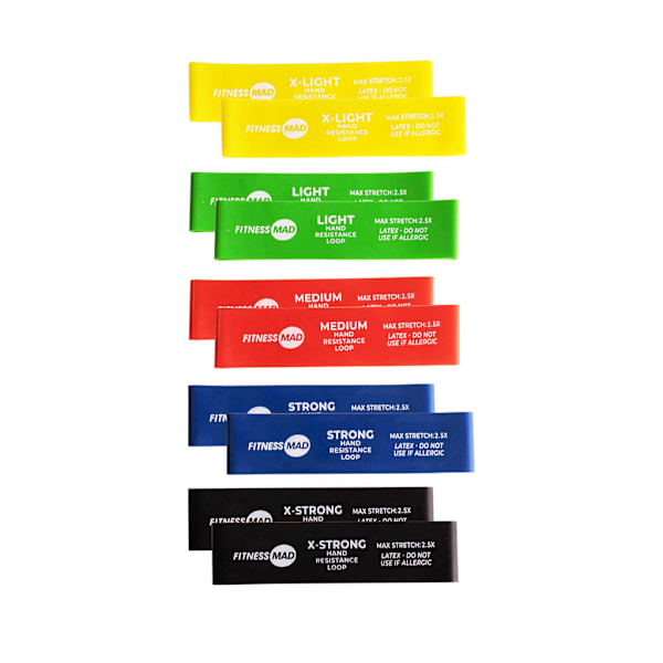 Fitness Mad Hand Resistance Band Set (10-pack) 9cm x 2cm Grön Green/Yellow/Red/Blue/Black 9cm x 2cm